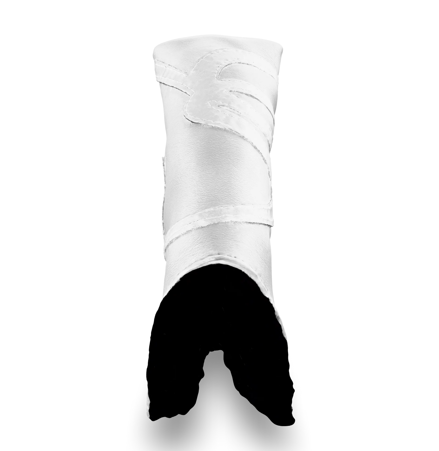 Top view of the CS Proto Blade Putter Headcover in White, White, and White, highlighting the Club Snugs signature logo, top line, and anti-scratch fleece interior, designed to protect your putter while adding a premium feel.