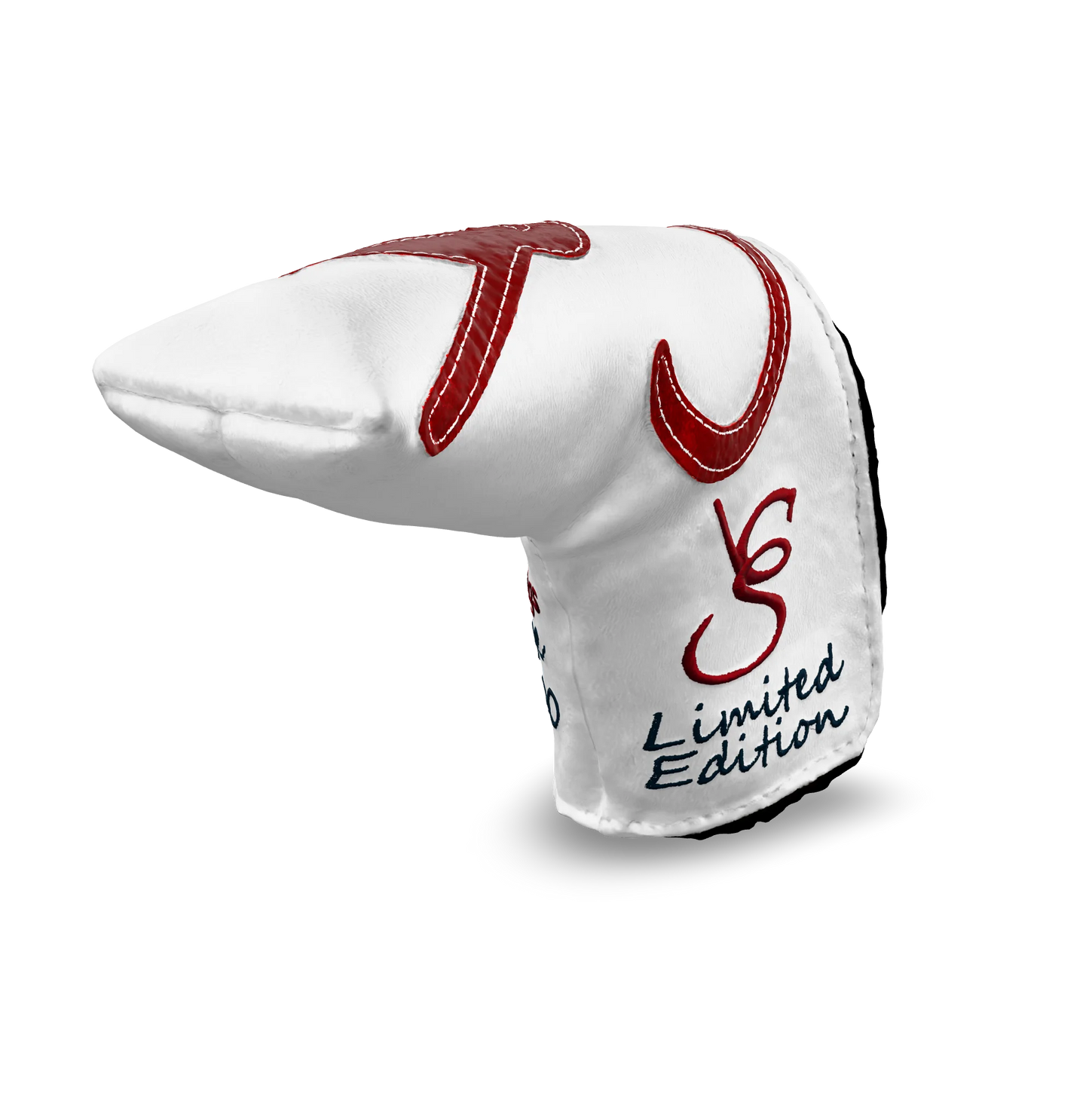 Right side view of the CS Proto Blade Putter Headcover in White, Red, and Navy, featuring the exclusive signature logo and limited edition badging, highlighting the craftsmanship and design.