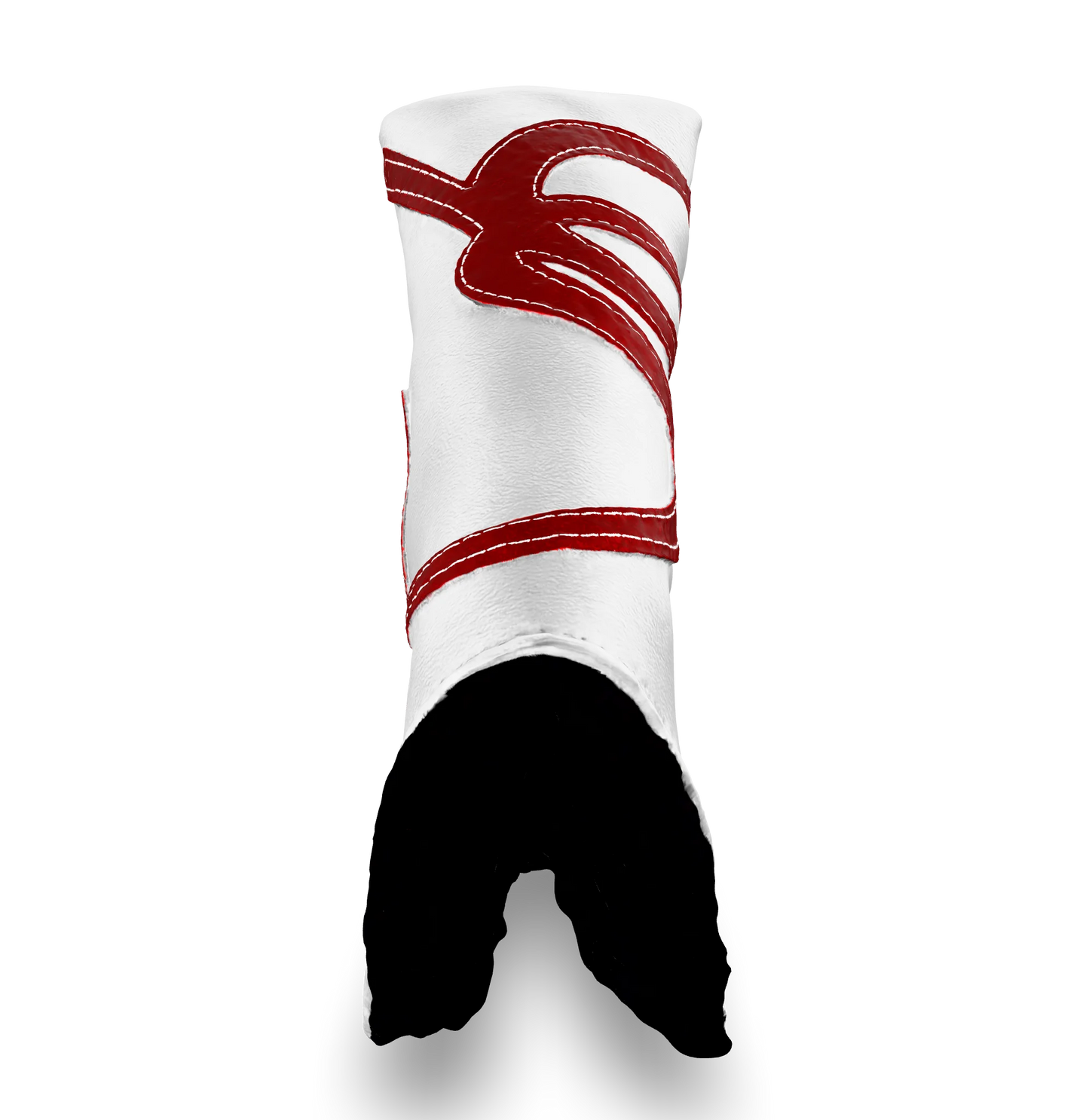 Top view of the CS Proto Blade Putter Headcover in White, Red, and Navy, highlighting the Club Snugs signature logo, top line, and anti-scratch fleece interior, designed to protect your putter while adding a premium feel.