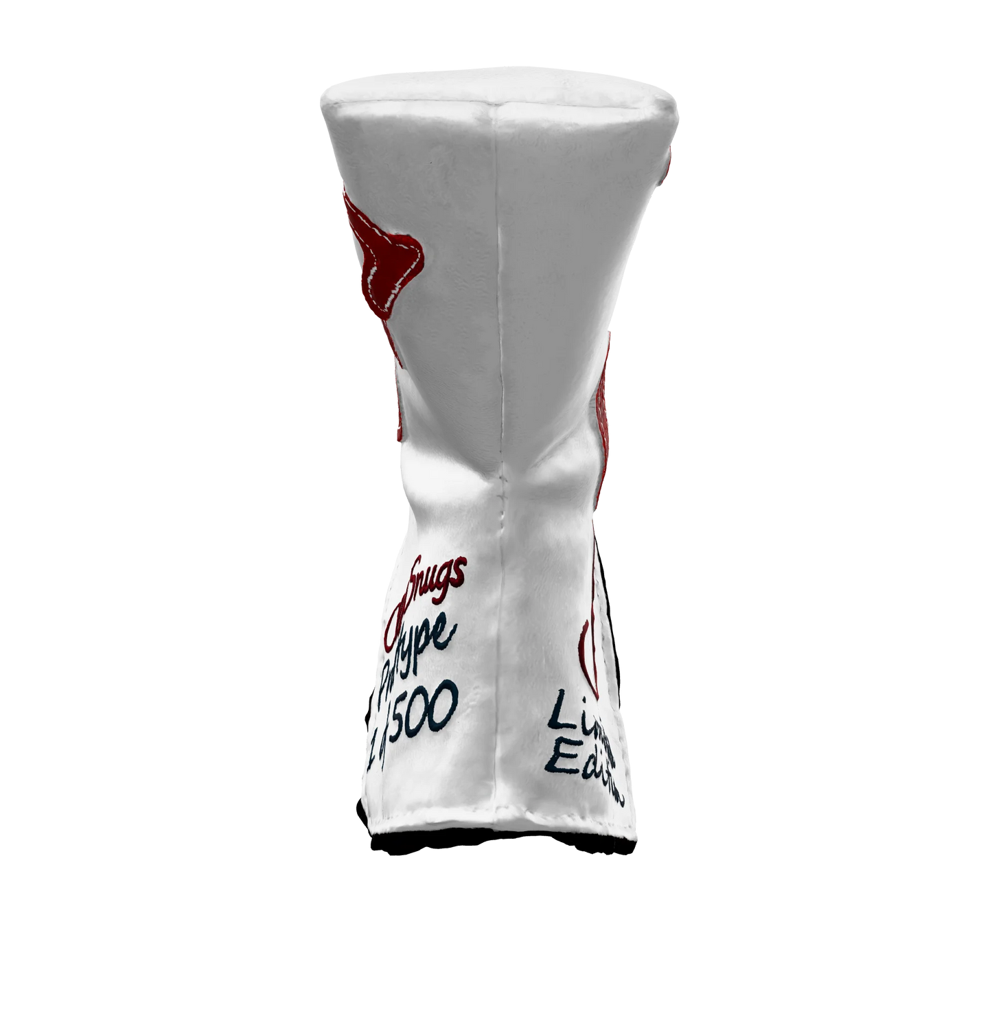 Front-bottom view of the CS Proto Blade Putter Headcover in White, Red, and Navy, emphasizing its minimalist design, premium materials, and attention to detail, ensuring durability and style.