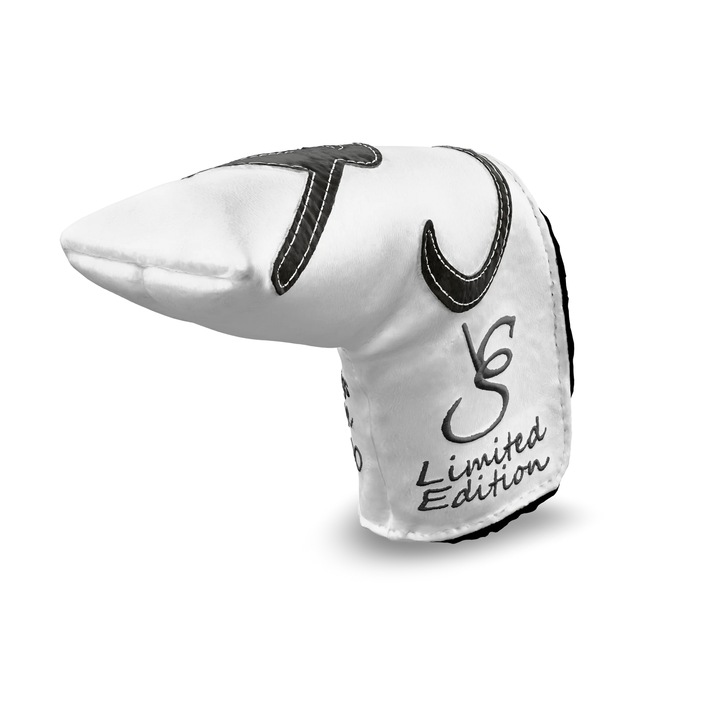 Right side view of the CS Proto Blade Putter Headcover in White, Gray, and Gray, featuring the exclusive signature logo and limited edition badging, highlighting the craftsmanship and design.
