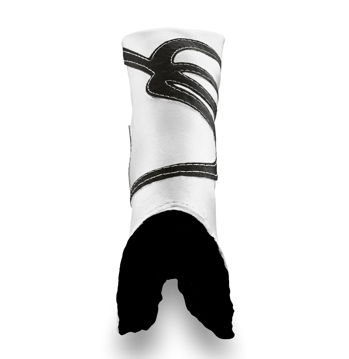 Top view of the CS Proto Blade Putter Headcover in White, Gray, and Gray, highlighting the Club Snugs signature logo, top line, and anti-scratch fleece interior, designed to protect your putter while adding a premium feel.