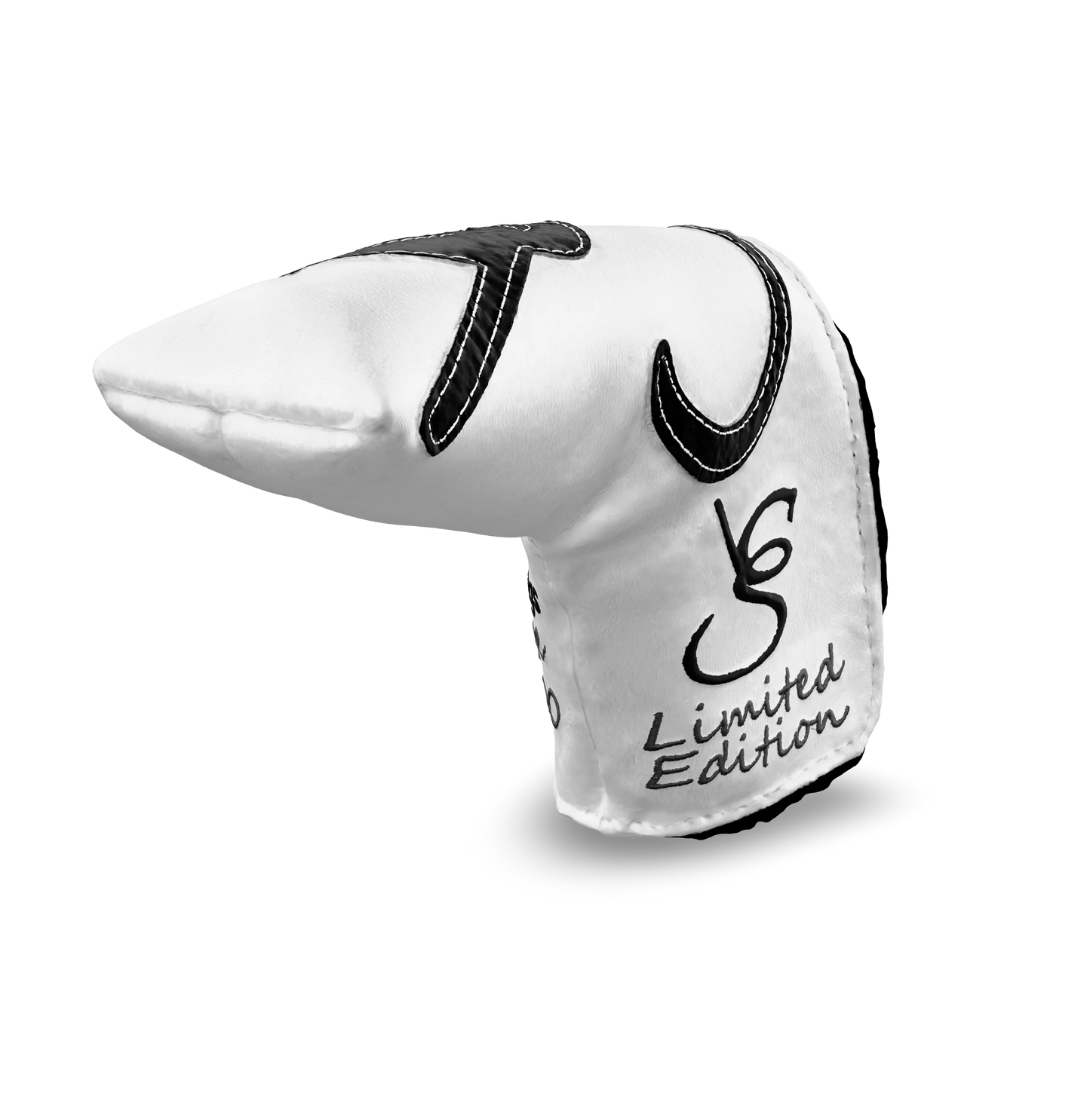 Right side view of the CS Proto Blade Putter Headcover in White, Black, and Gray, featuring the exclusive signature logo and limited edition badging, highlighting the craftsmanship and design.