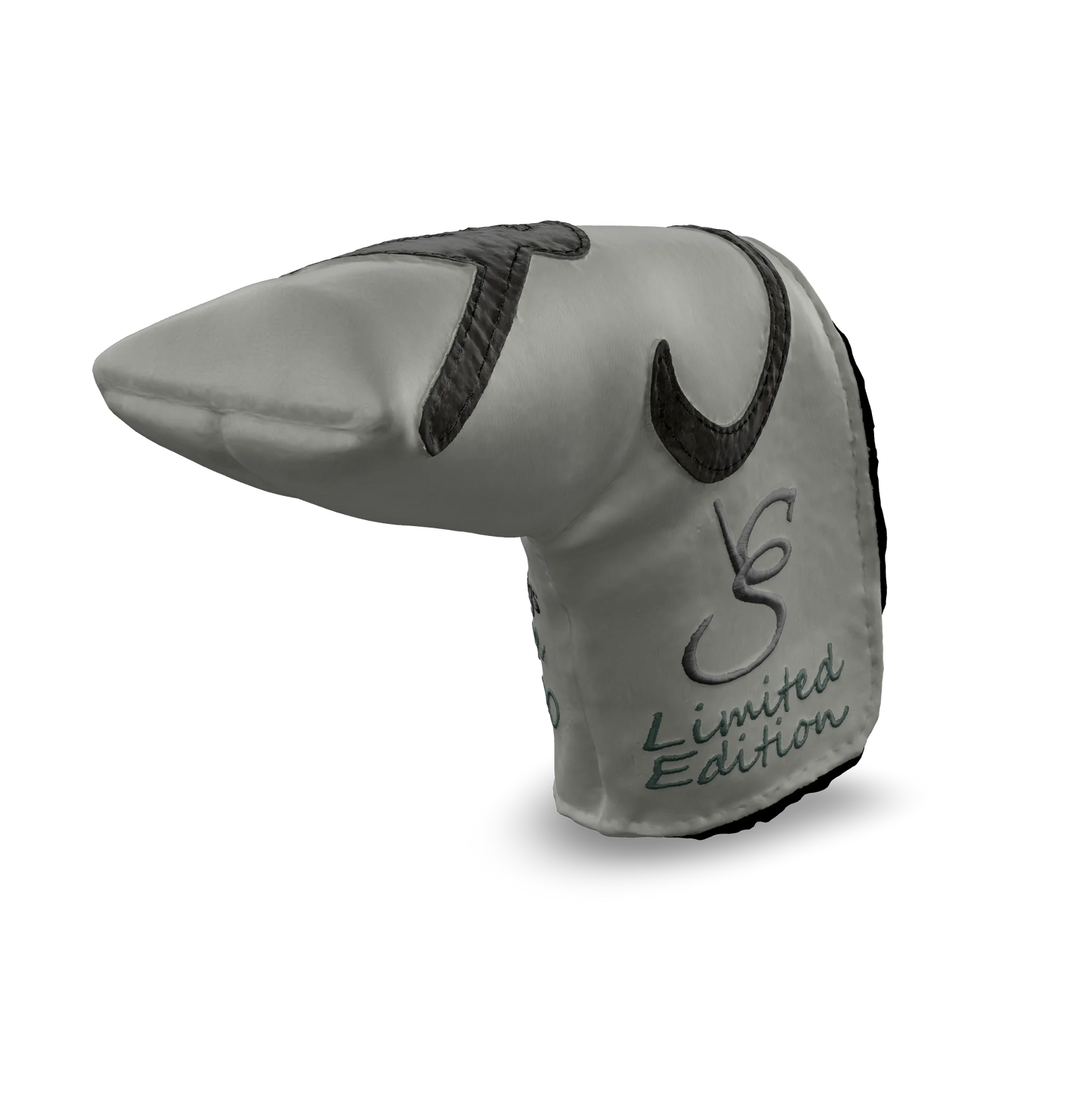 Right side view of the CS Proto Blade Putter Headcover in Light Gray, Gray, and Light Gray, featuring the exclusive signature logo and limited edition badging, highlighting the craftsmanship and design.