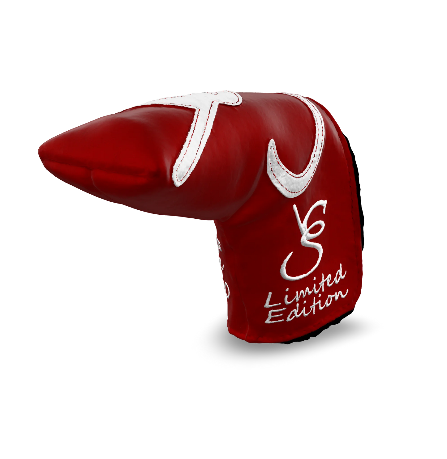 Right side view of the CS Proto Blade Putter Headcover in Red, White, and White, featuring the exclusive signature logo and limited edition badging, highlighting the craftsmanship and design.