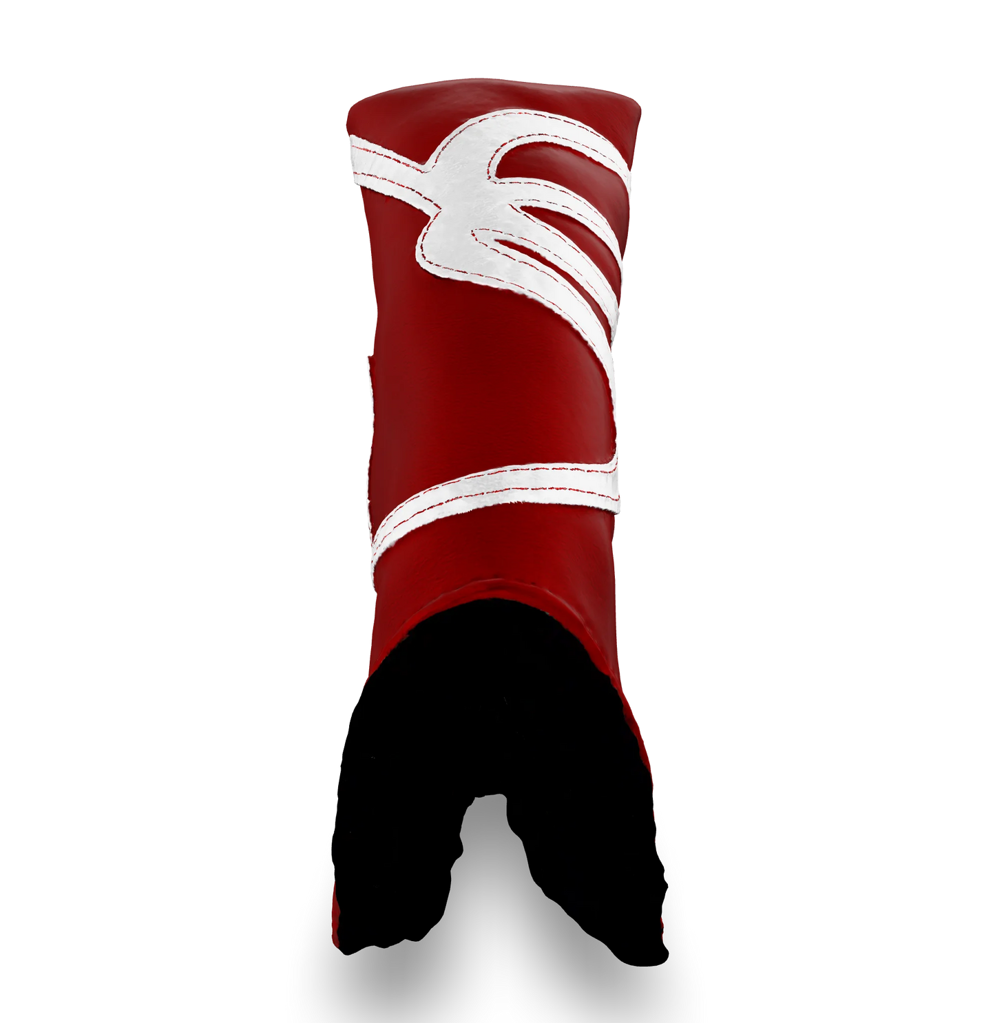 Top view of the CS Proto Blade Putter Headcover in Red, White, and White, highlighting the Club Snugs signature logo, top line, and anti-scratch fleece interior, designed to protect your putter while adding a premium feel.