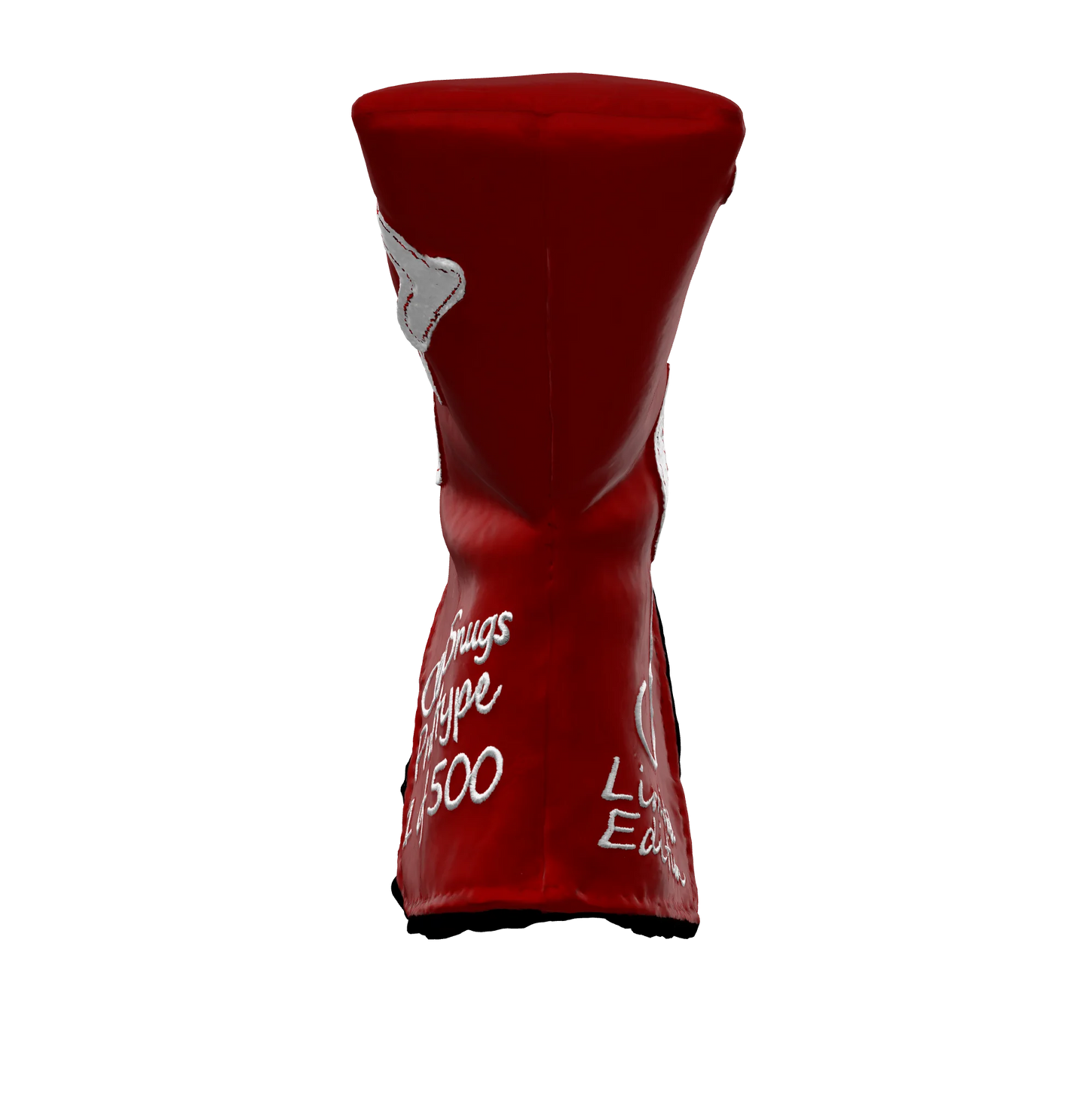 Front-bottom view of the CS Proto Blade Putter Headcover in Red, White, and White, emphasizing its minimalist design, premium materials, and attention to detail, ensuring durability and style.