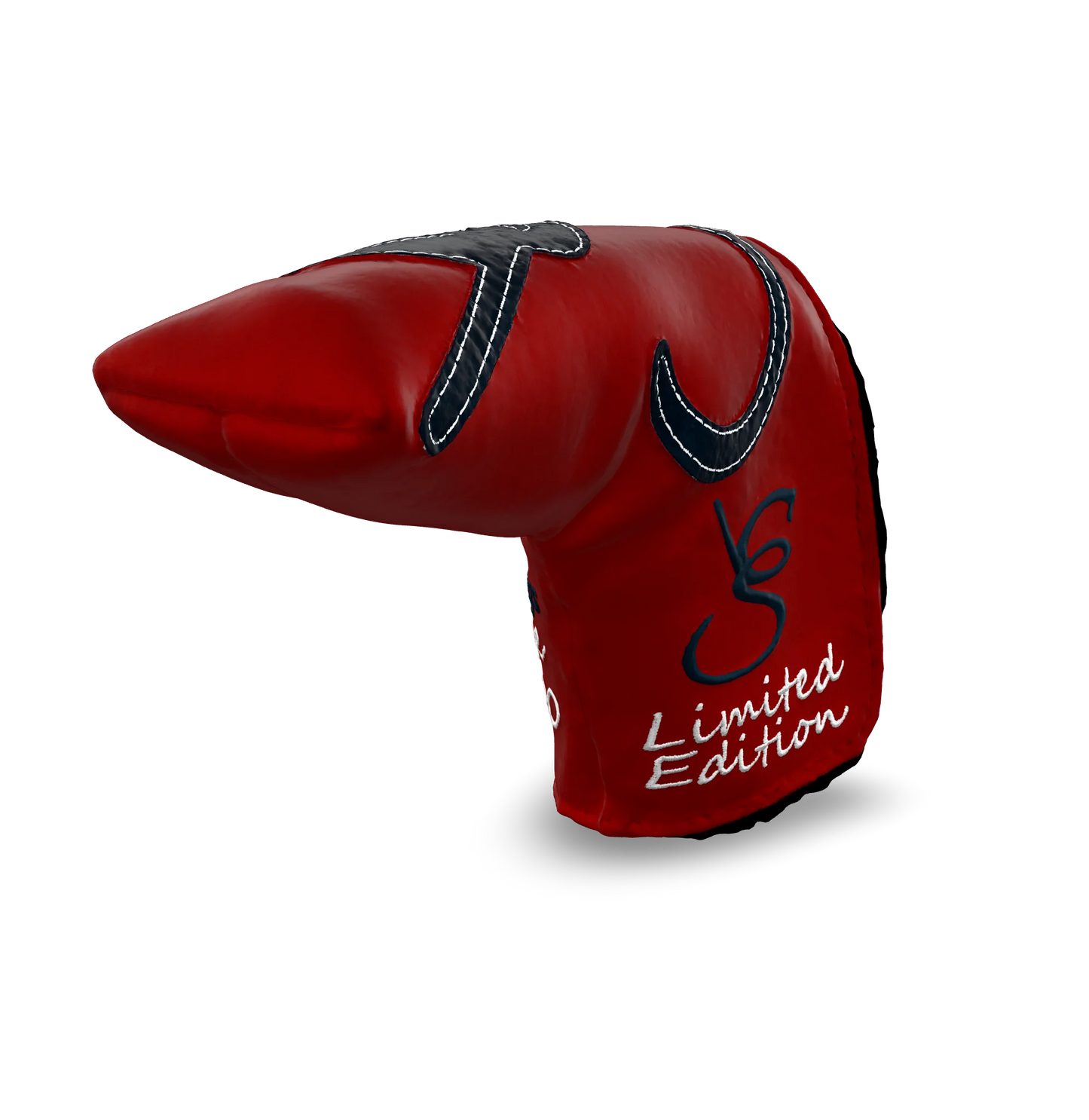 Right side view of the CS Proto Blade Putter Headcover in Red, Navy, and White, featuring the exclusive signature logo and limited edition badging, highlighting the craftsmanship and design.