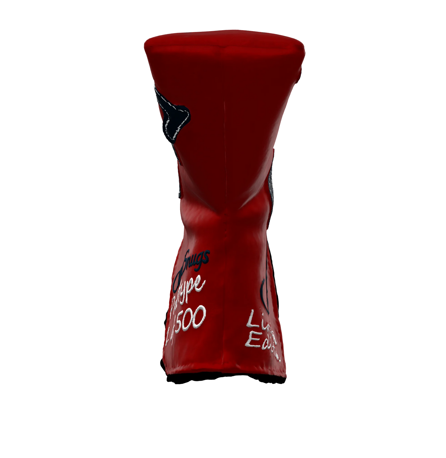 Front-bottom view of the CS Proto Blade Putter Headcover in Red, Navy, and White, emphasizing its minimalist design, premium materials, and attention to detail, ensuring durability and style.