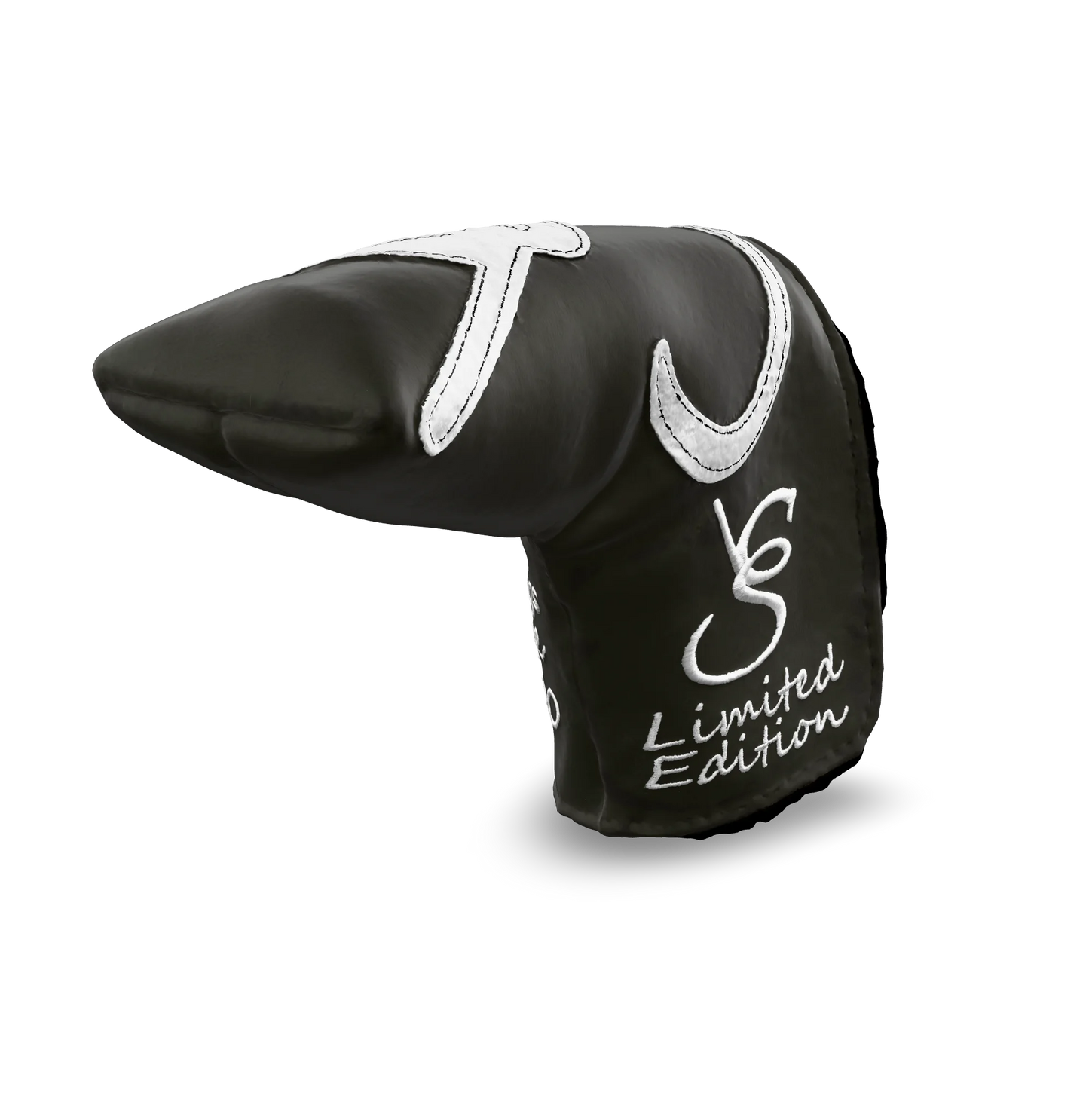 Right side view of the CS Proto Blade Putter Headcover in Gray, White, and White, featuring the exclusive signature logo and limited edition badging, highlighting the craftsmanship and design.