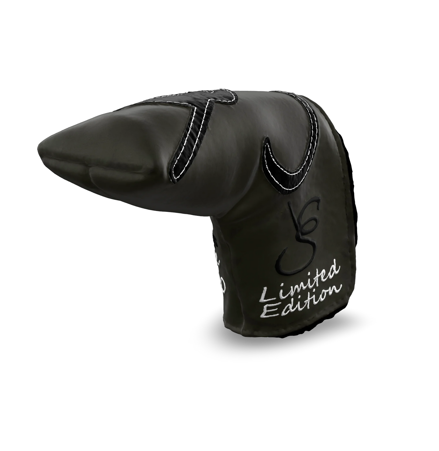 Right side view of the CS Proto Blade Putter Headcover in Gray, Black, and White, featuring the exclusive signature logo and limited edition badging, highlighting the craftsmanship and design.