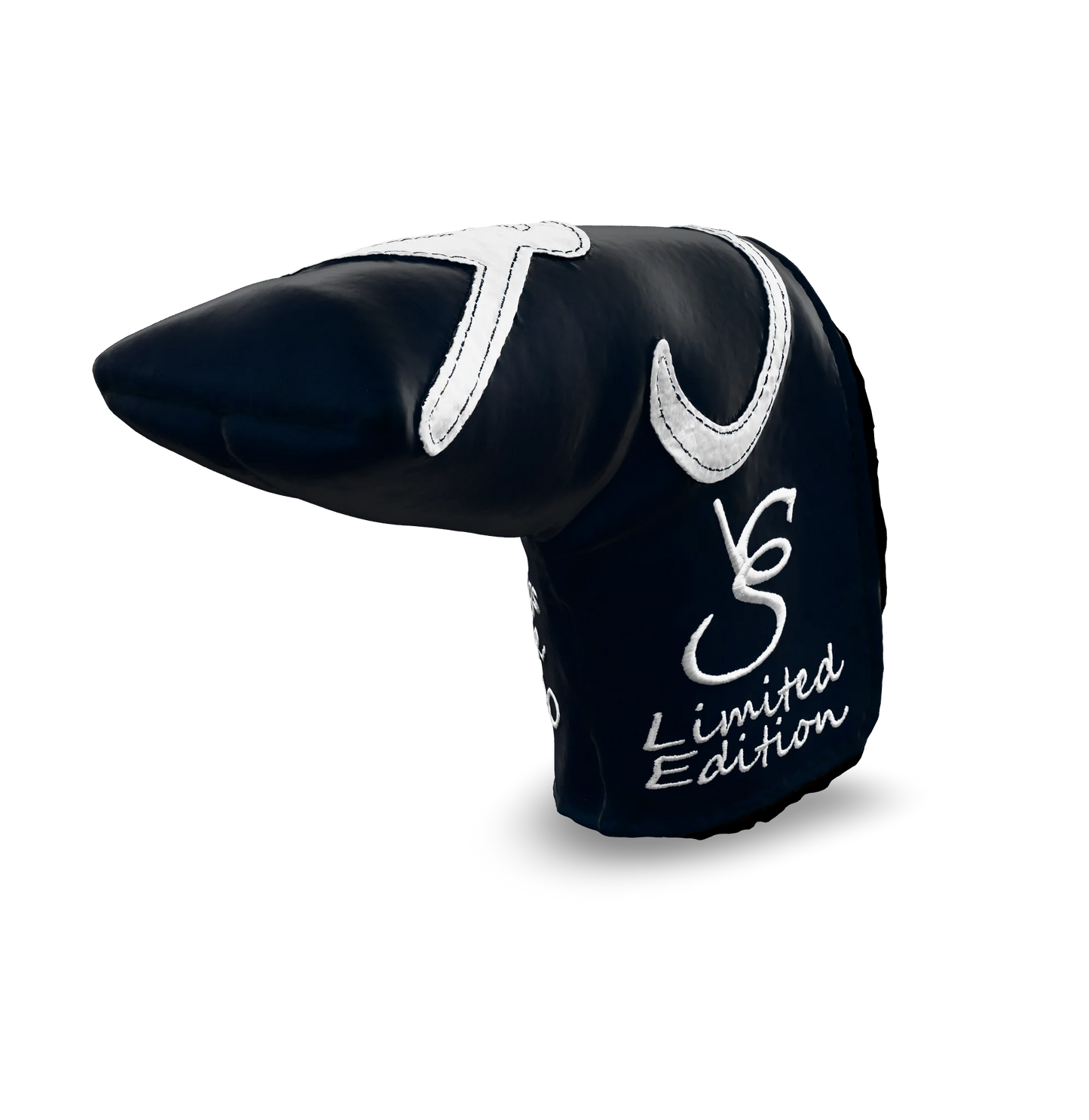 Right side view of the CS Proto Blade Putter Headcover in Navy, White, and White, featuring the exclusive signature logo and limited edition badging, highlighting the craftsmanship and design.