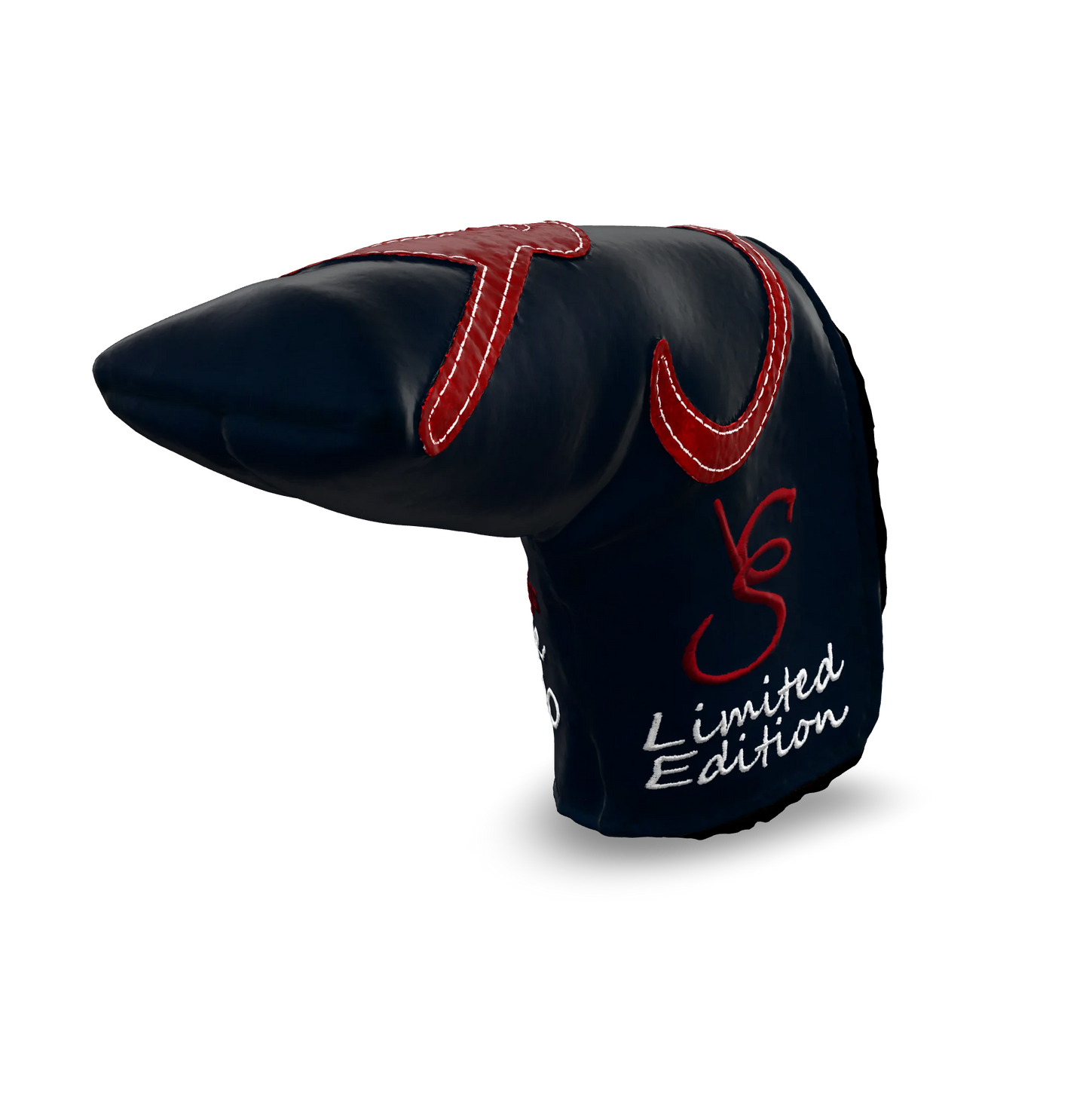 Right side view of the CS Proto Blade Putter Headcover in Navy, Red, and White, featuring the exclusive signature logo and limited edition badging, highlighting the craftsmanship and design.