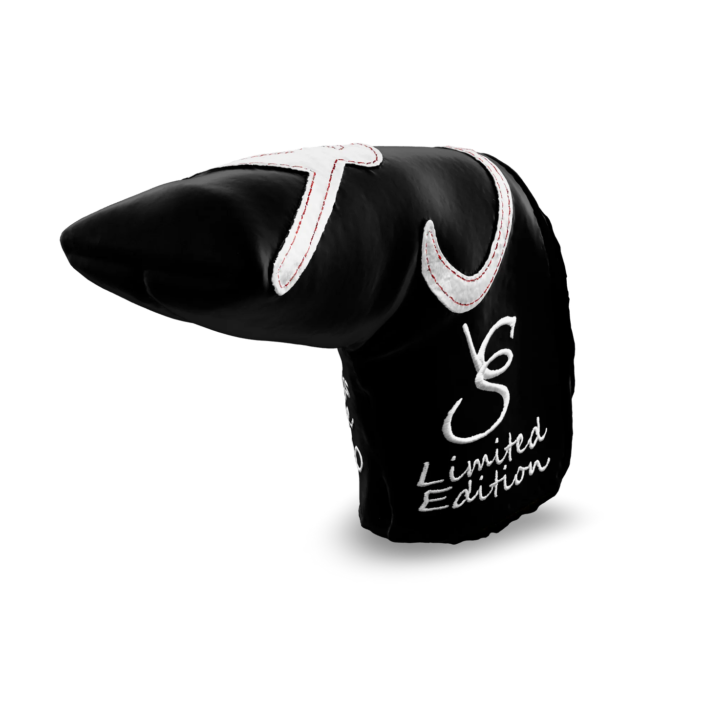 Right side view of the CS Proto Blade Putter Headcover in Black, White, and White, featuring the exclusive signature logo and limited edition badging, highlighting the craftsmanship and design.