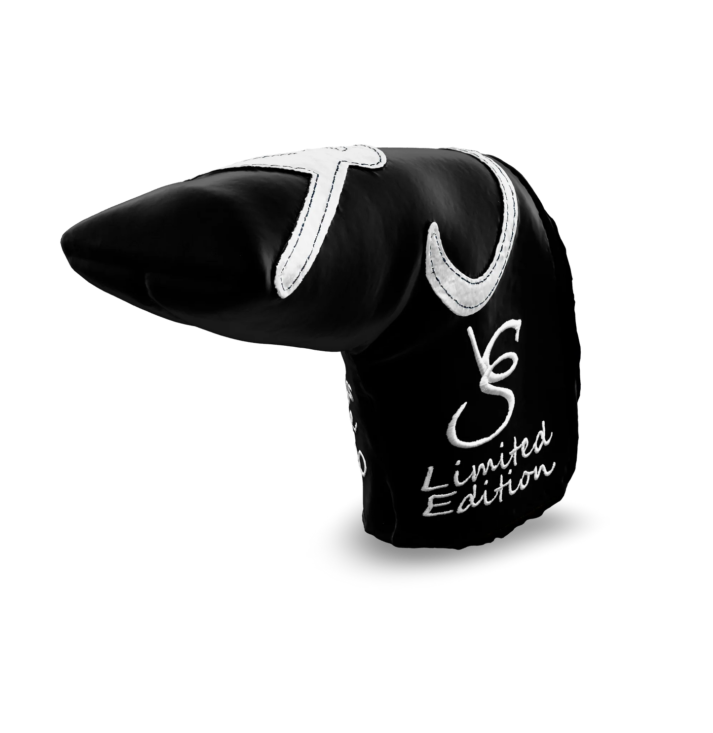 Right side view of the CS Proto Blade Putter Headcover in Black, White, and White, featuring the exclusive signature logo and limited edition badging, highlighting the craftsmanship and design.
