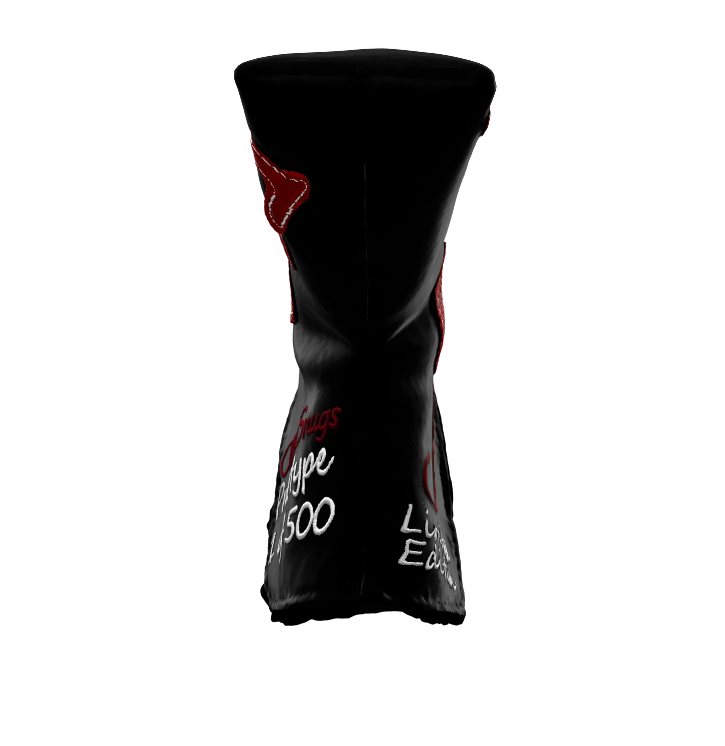 Front-bottom view of the CS Proto Blade Putter Headcover in Black, Red, and White, emphasizing its minimalist design, premium materials, and attention to detail, ensuring durability and style.