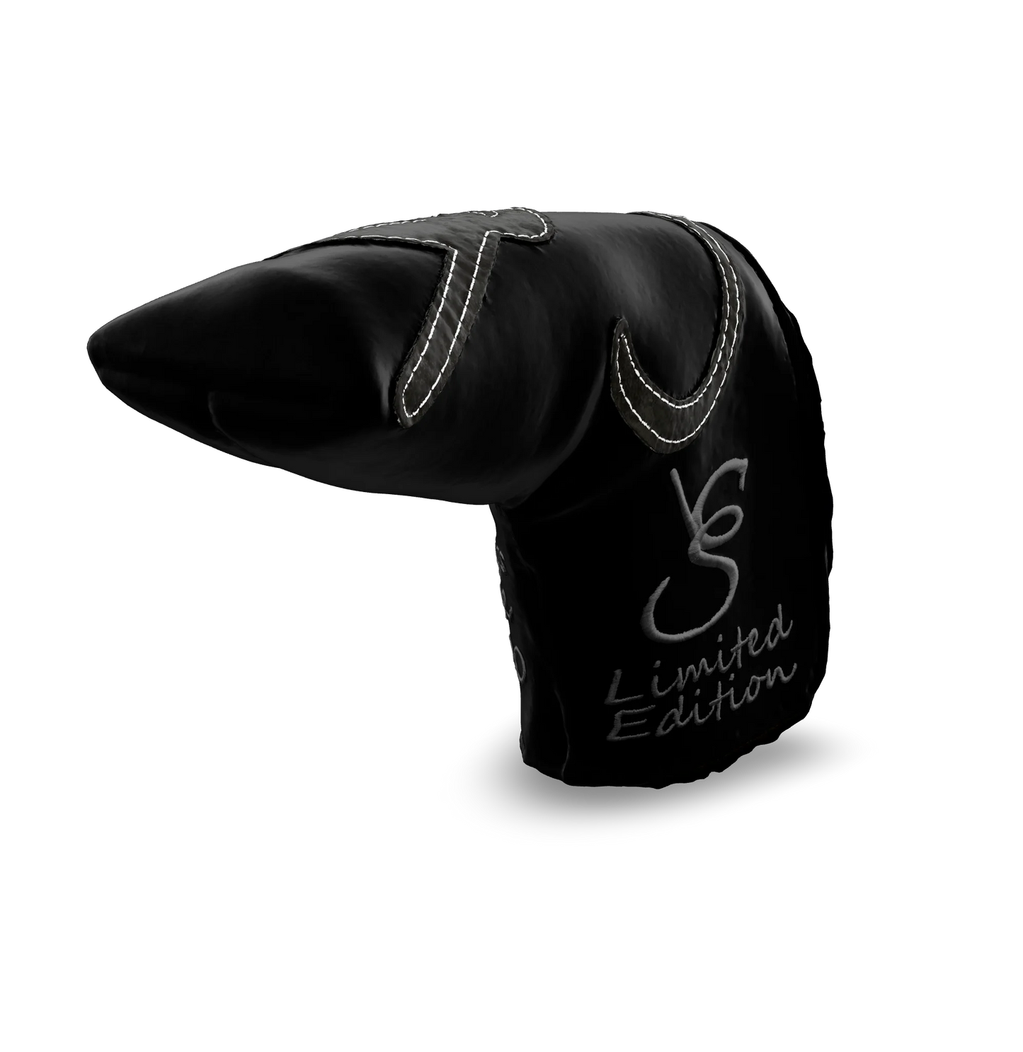Right side view of the CS Proto Blade Putter Headcover in Black, Gray, and Gray, featuring the exclusive signature logo and limited edition badging, highlighting the craftsmanship and design.