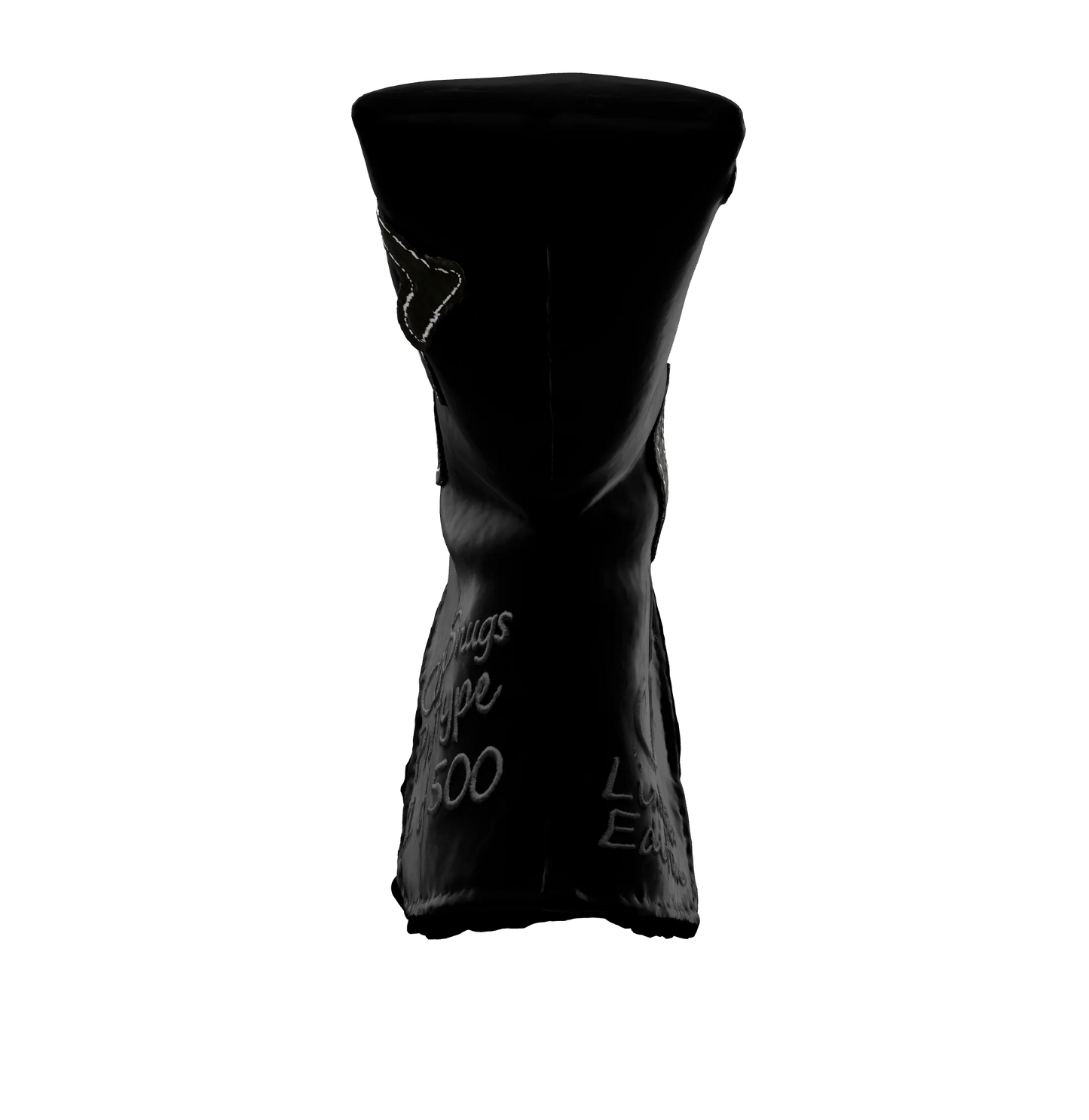 Front-bottom view of the CS Proto Blade Putter Headcover in Black, Gray, and Gray, emphasizing its minimalist design, premium materials, and attention to detail, ensuring durability and style.