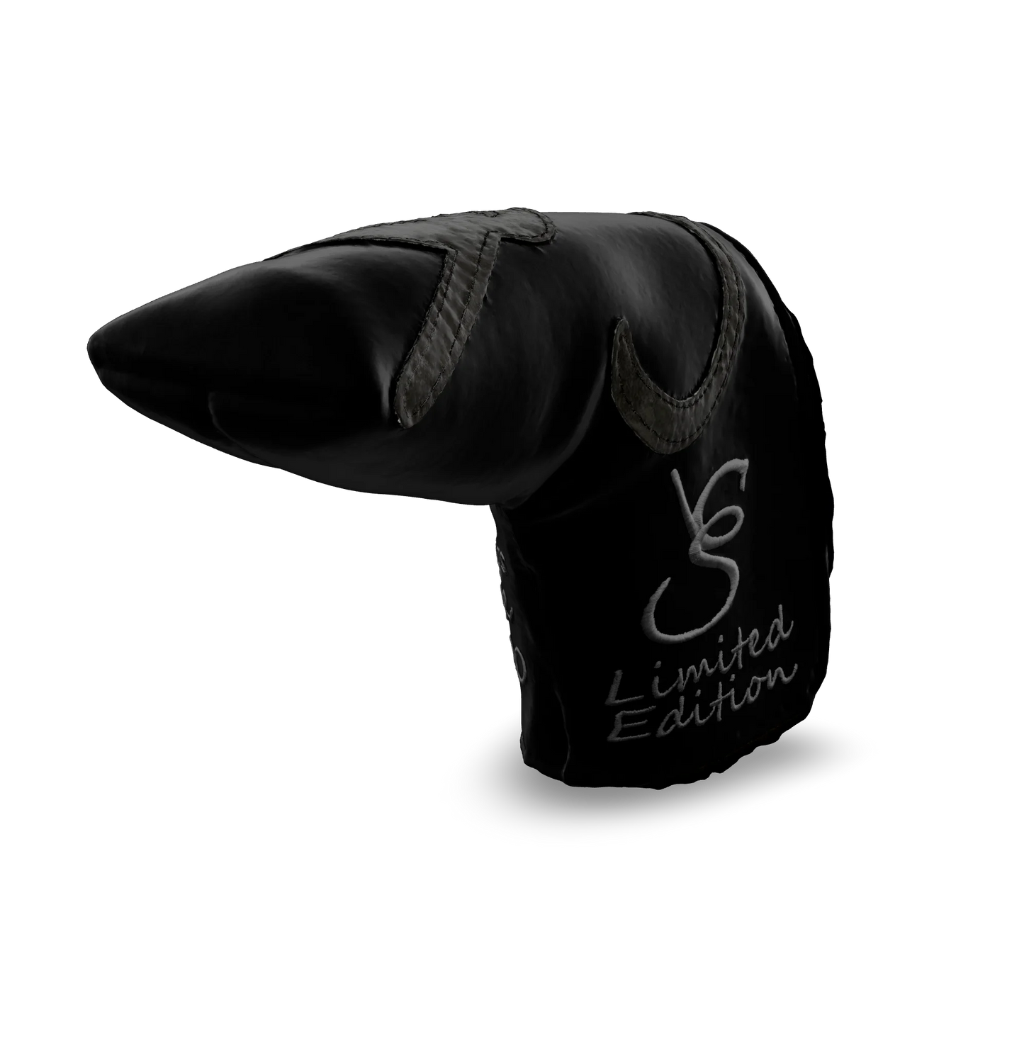 Right side view of the CS Proto Blade Putter Headcover in Black, Gray, and Gray, featuring the exclusive signature logo and limited edition badging, highlighting the craftsmanship and design.