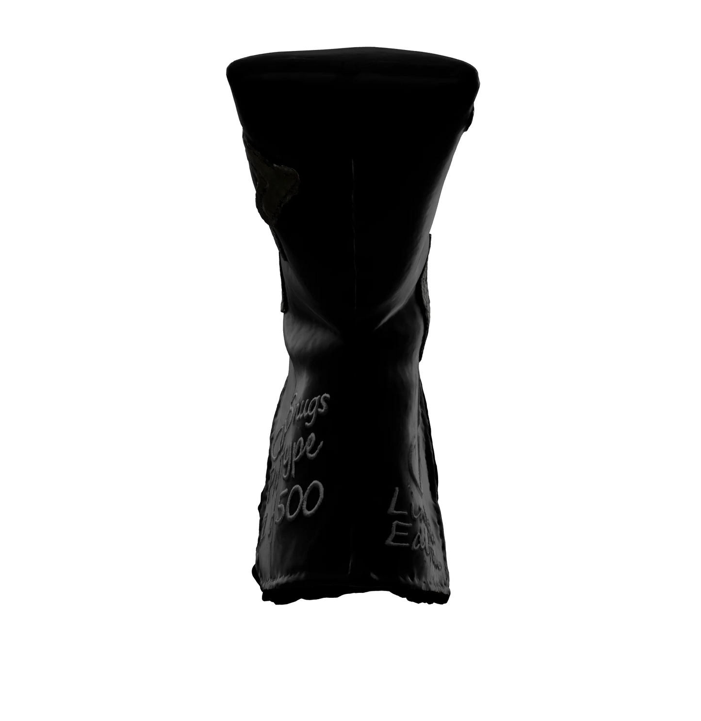 Front-bottom view of the CS Proto Blade Putter Headcover in Black, Gray, and Gray, emphasizing its minimalist design, premium materials, and attention to detail, ensuring durability and style.