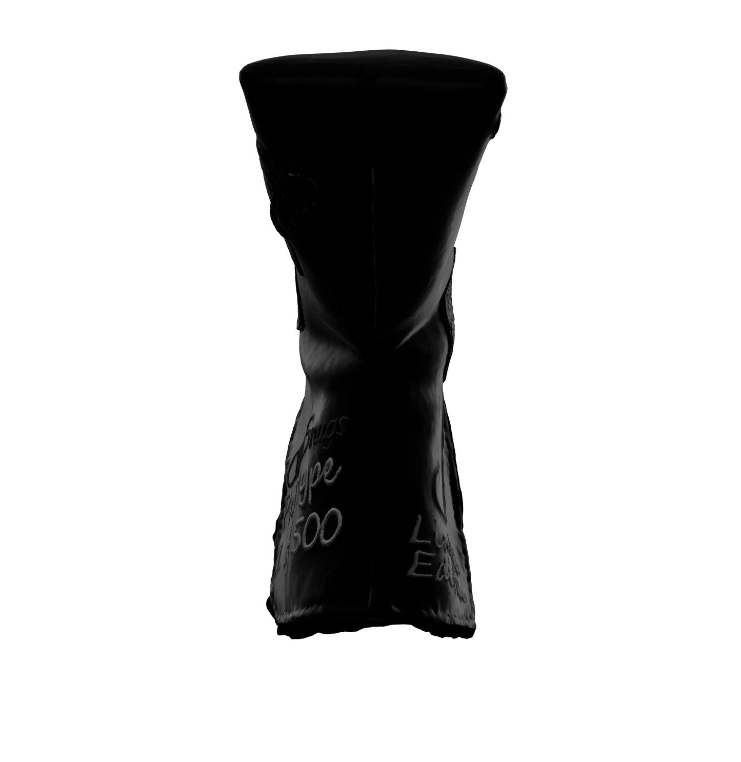 Front-bottom view of the CS Proto Blade Putter Headcover in Black, Black, and Gray, emphasizing its minimalist design, premium materials, and attention to detail, ensuring durability and style.