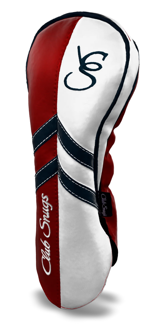 Right-Side view of a Red, White, Navy, and Navy Retro-T Driver Headcover with Dual-V stripe and split seam