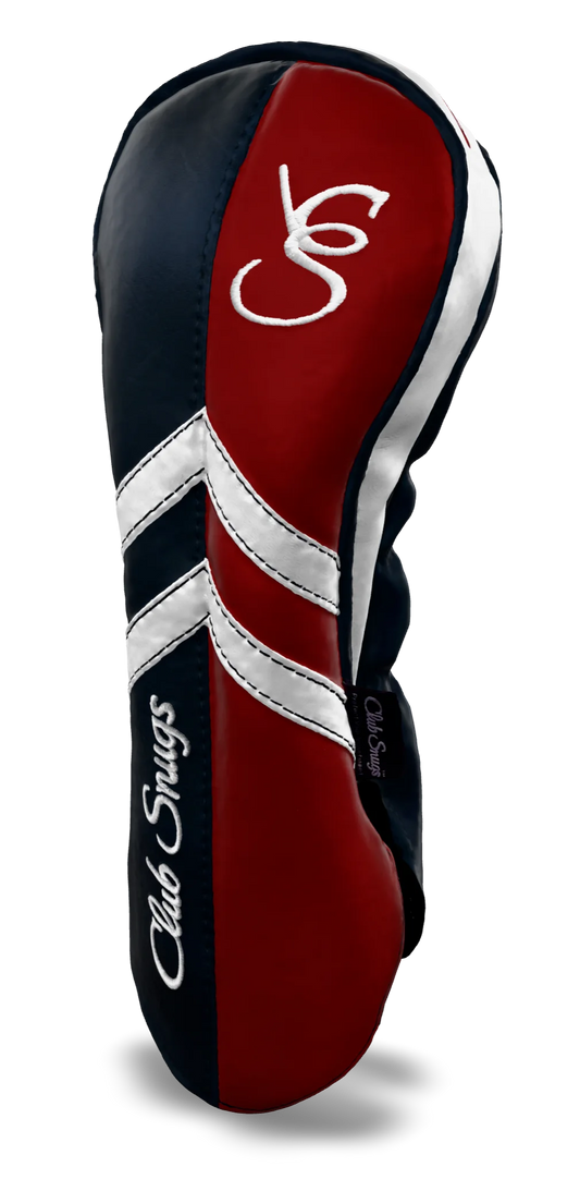 Right-Side view of a Navy, Red, White, and Navy Retro-T Driver Headcover with Dual-V stripe and split seam