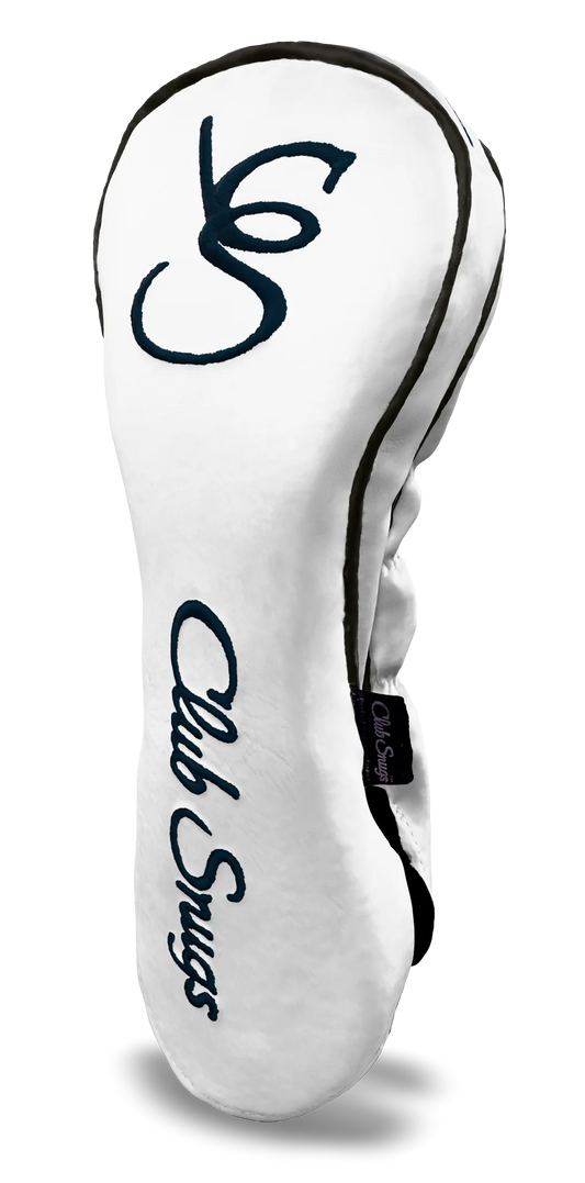 Right-Side view of a Exclusive White, Gray, Navy, and Navy Shield Driver Headcover with prominent branding