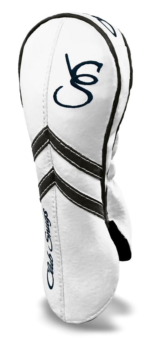 Right-Side view of a White, White, Gray, and Gray Retro-T Fairway Headcover with Dual-V stripe and split seam