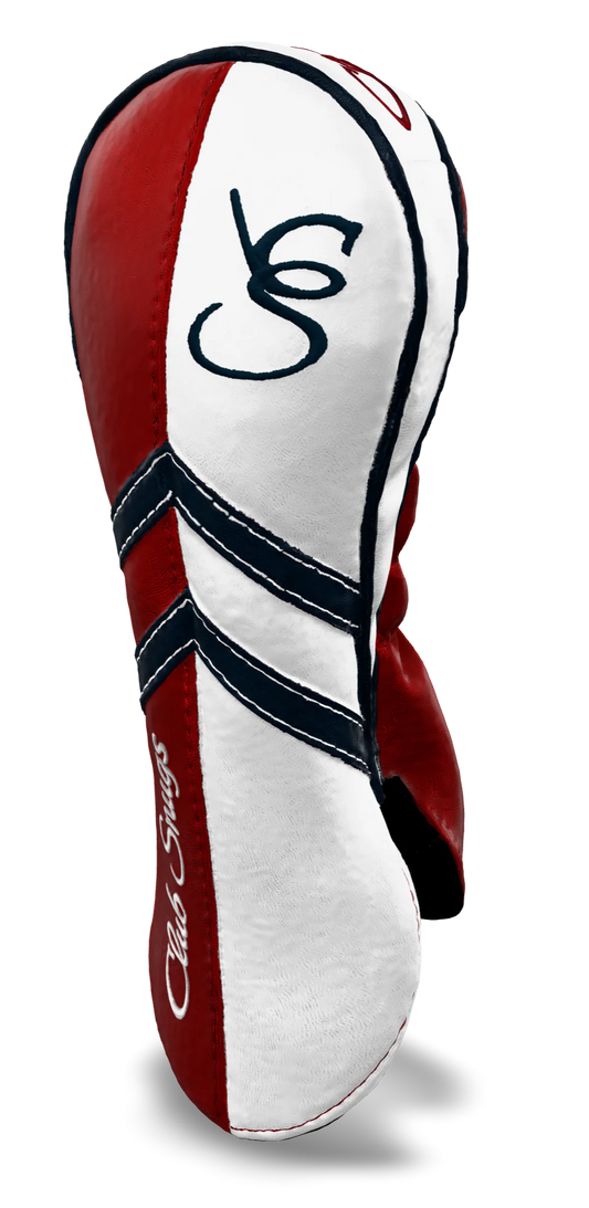 Right-Side view of a Red, White, Navy, and Navy Retro-T Fairway Headcover with Dual-V stripe and split seam