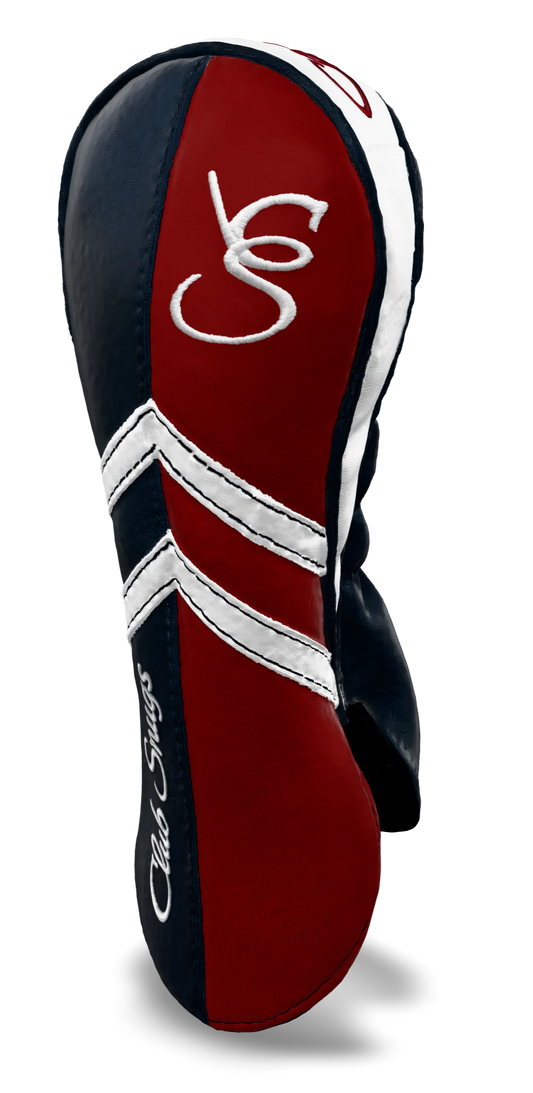 Right-Side view of a Navy, Red, White, and Navy Retro-T Fairway Headcover with Dual-V stripe and split seam