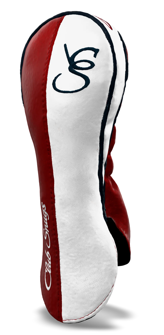 Right-Side view of a Bold Red, White, Navy, and Navy Classic Fairway Headcover with split seam