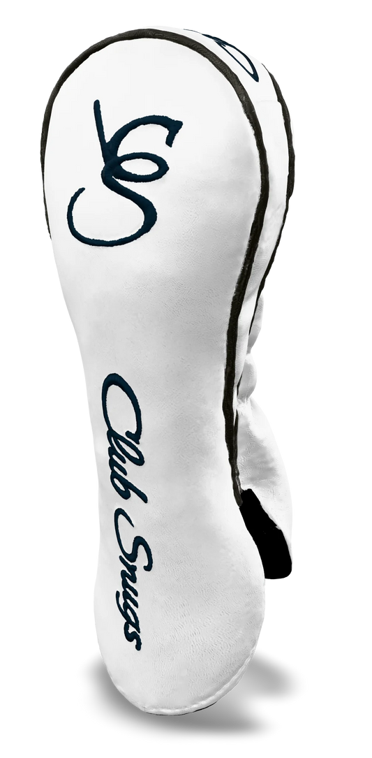Right-Side view of a White, Gray, Navy, and Navy Shield Fairway Headcover with bold branding