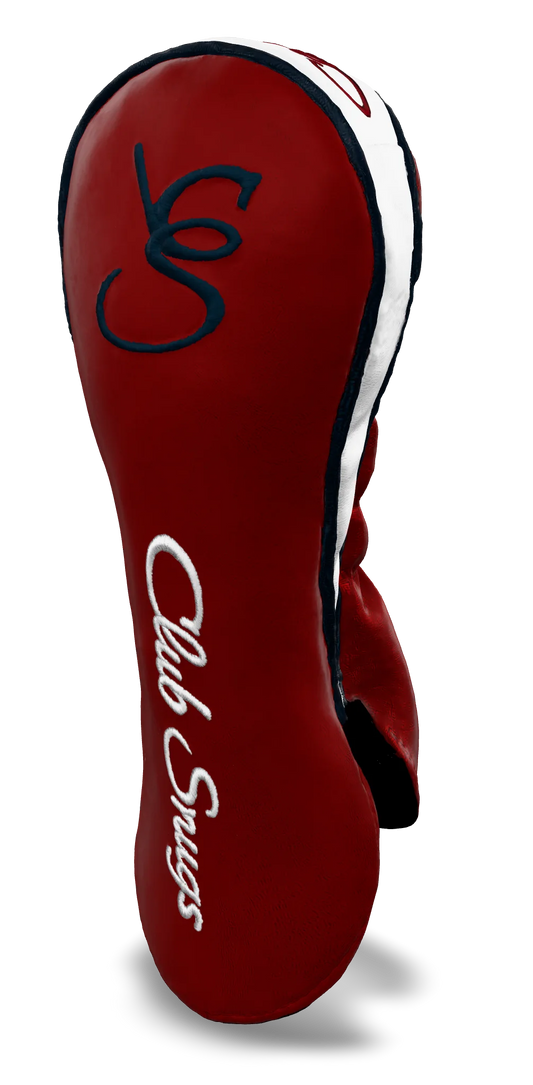 Right-Side view of a Red, Navy, White, and Navy Shield Fairway Headcover with bold branding
