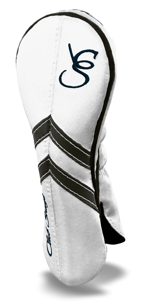 Right-Side view of a White, White, Gray, and Gray Retro-T Hybrid Headcover with Dual-V stripe and split seam