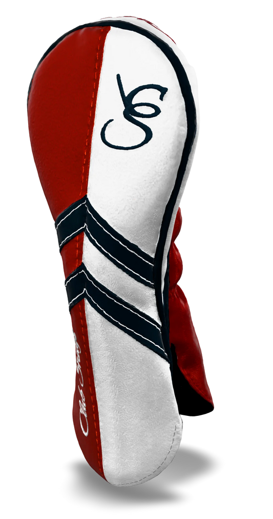 Right-Side view of a Red, White, Navy, and Navy Retro-T Hybrid Headcover with Dual-V stripe and split seam