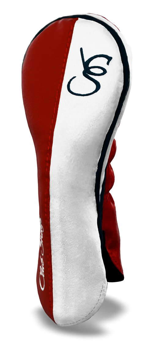Right-Side view of a Exclusive Red, White, Navy, and Navy Classic Hybrid Headcover with split seam