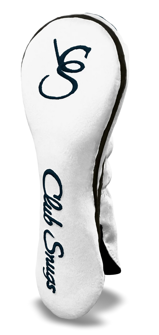 Right-Side view of a Bold White, Gray, Navy, and Navy Shield Hybrid Headcover with large branding