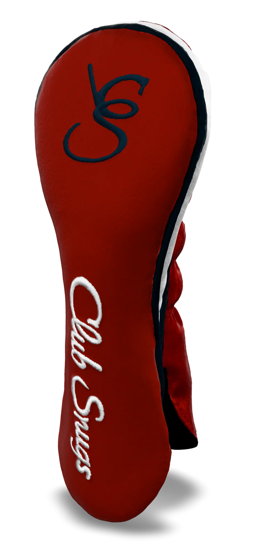 Right-Side view of a Bold Red, Navy, White, and Navy Shield Hybrid Headcover with large branding