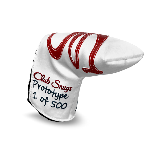 Interactive 3D model of the CS Proto Blade Putter Headcover in White, Red, and Navy, viewable on both desktop and mobile. Mobile users can experience the headcover in their space using augmented reality (AR) for a more immersive experience.