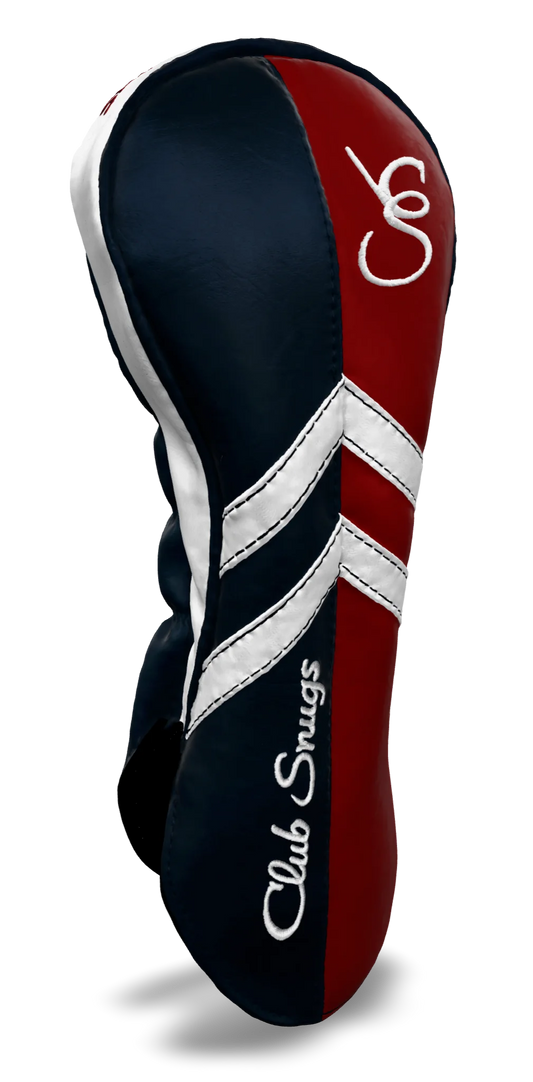 Left-Side view of a Navy, Red, White, and Navy Retro-T Driver Headcover with Dual-V stripe and split seam