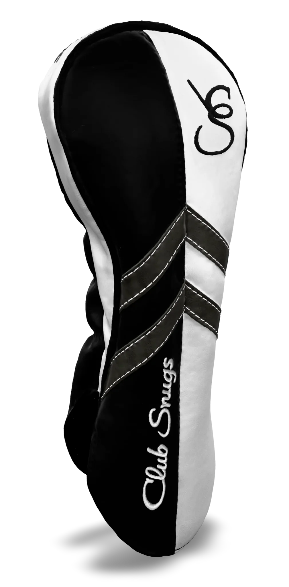 Left-Side view of a Black, White, Gray, and Black Retro-T Driver Headcover with Dual-V stripe and split seam