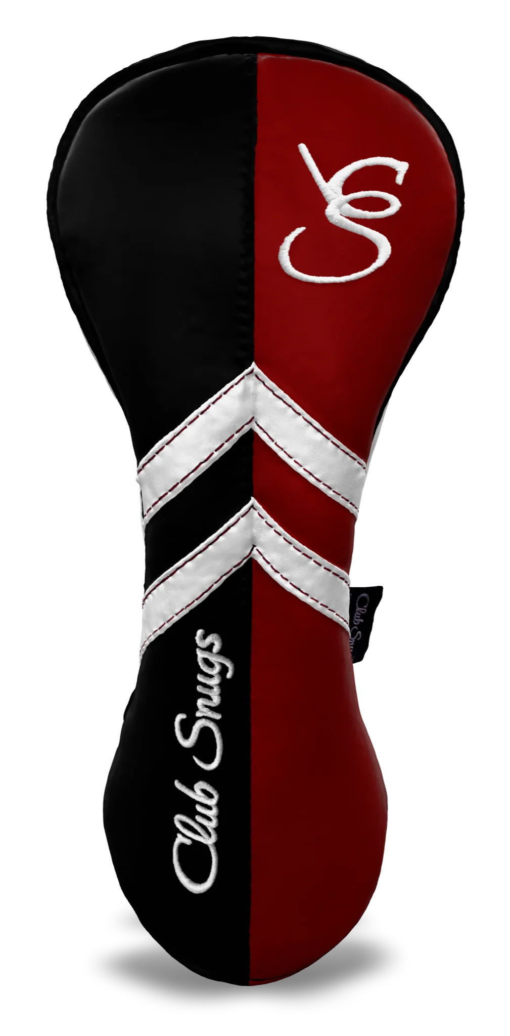 Front View view of a Black, Red, White, and Black Retro-T Driver Headcover with Dual-V stripe and split seam