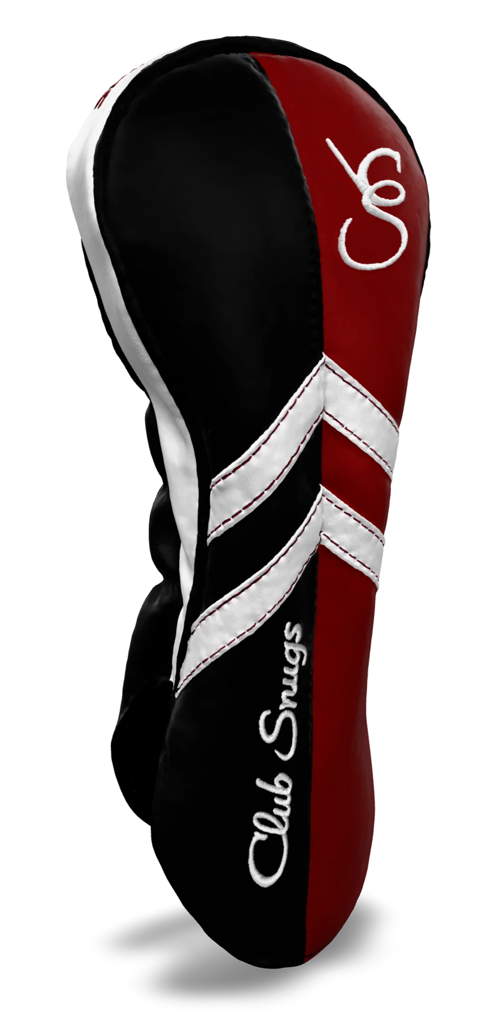 Left-Side view of a Black, Red, White, and Black Retro-T Driver Headcover with Dual-V stripe and split seam