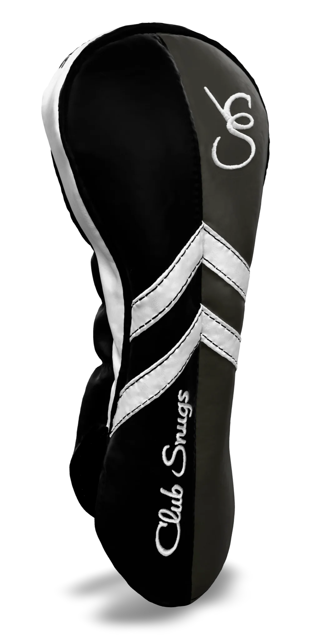 Left-Side view of a Black, Gray, White, and Black Retro-T Driver Headcover with Dual-V stripe and split seam