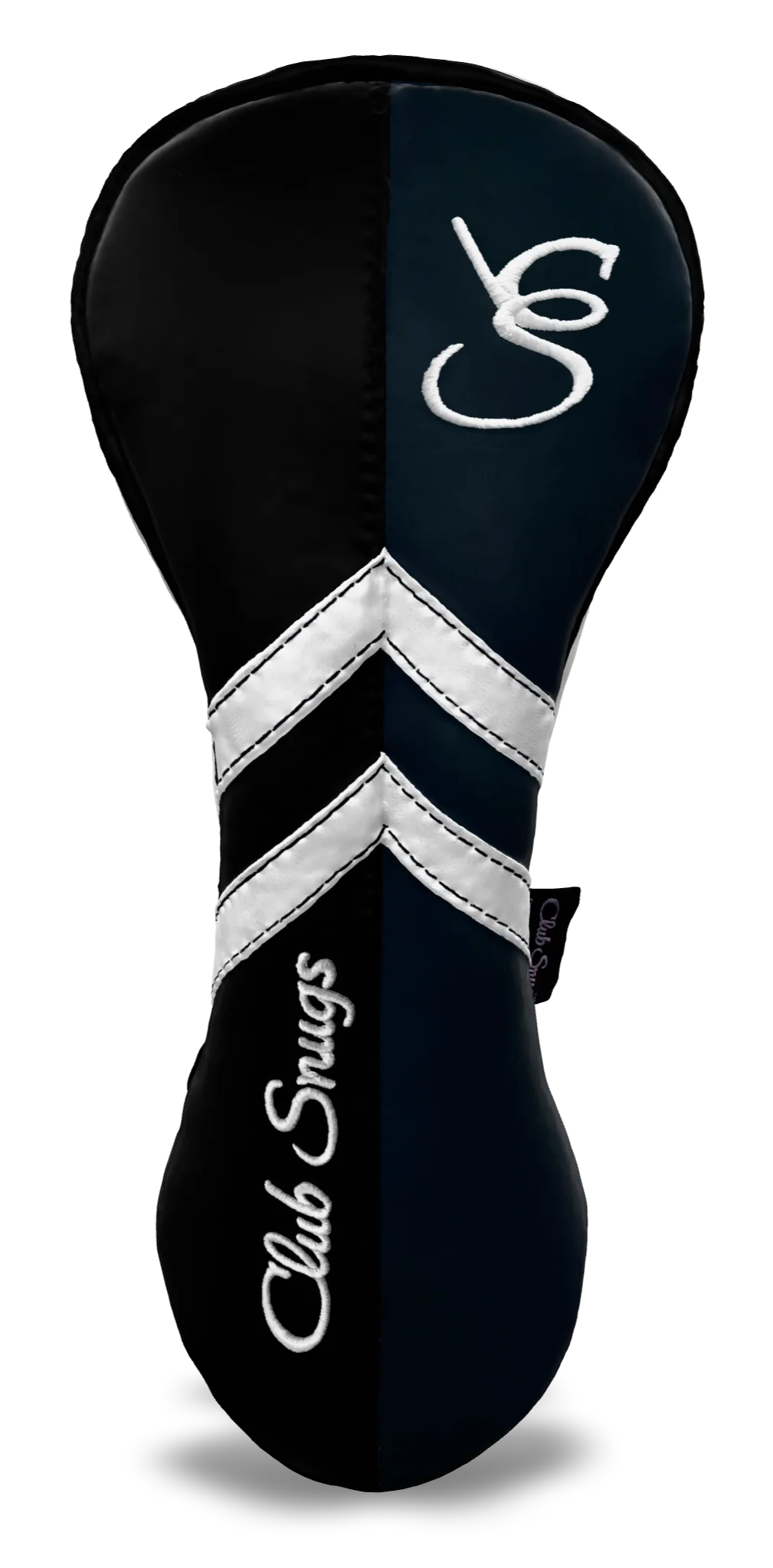 Front View view of a Black, Navy, White, and Black Retro-T Driver Headcover with Dual-V stripe and split seam