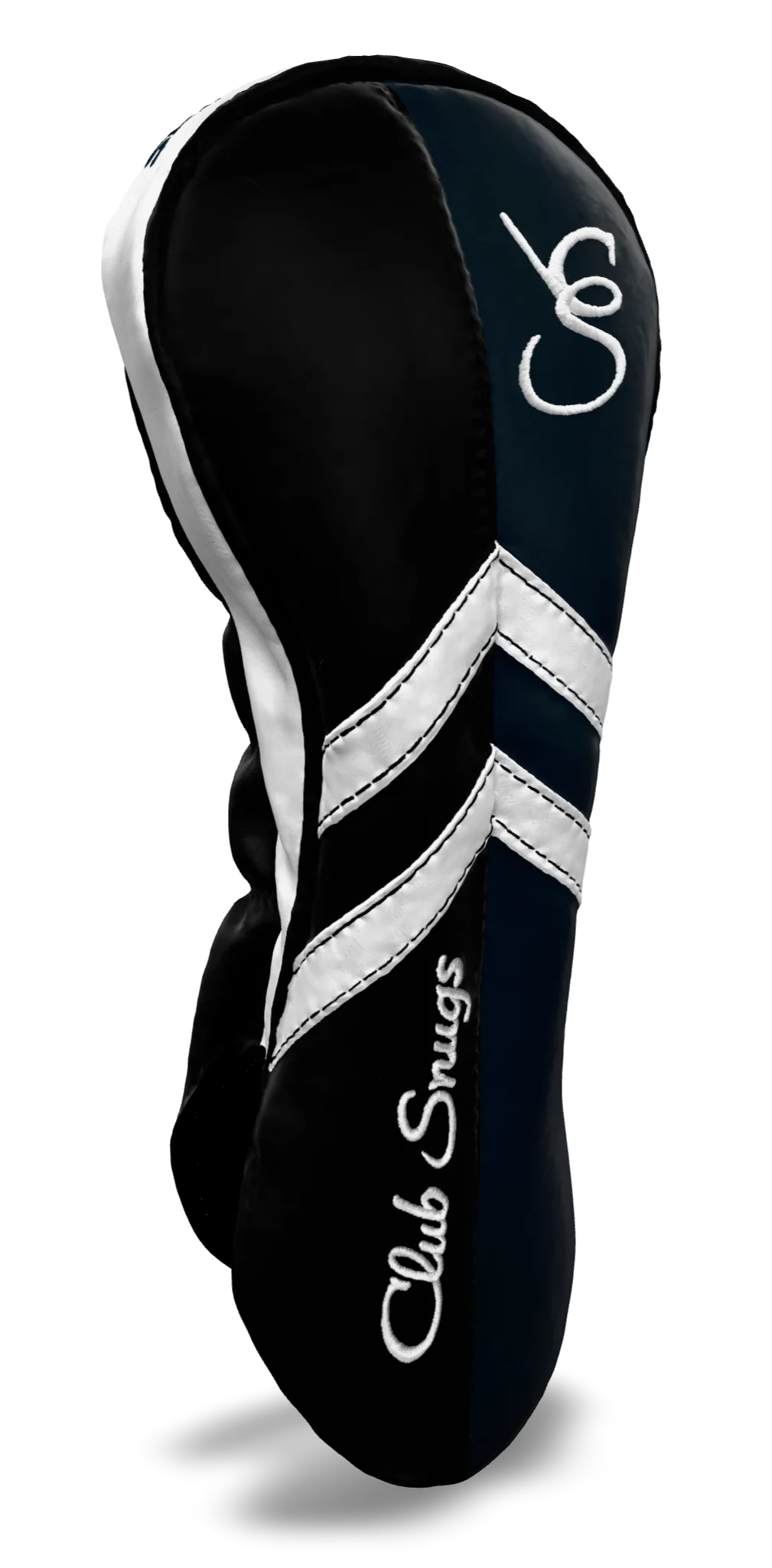 Left-Side view of a Black, Navy, White, and Black Retro-T Driver Headcover with Dual-V stripe and split seam