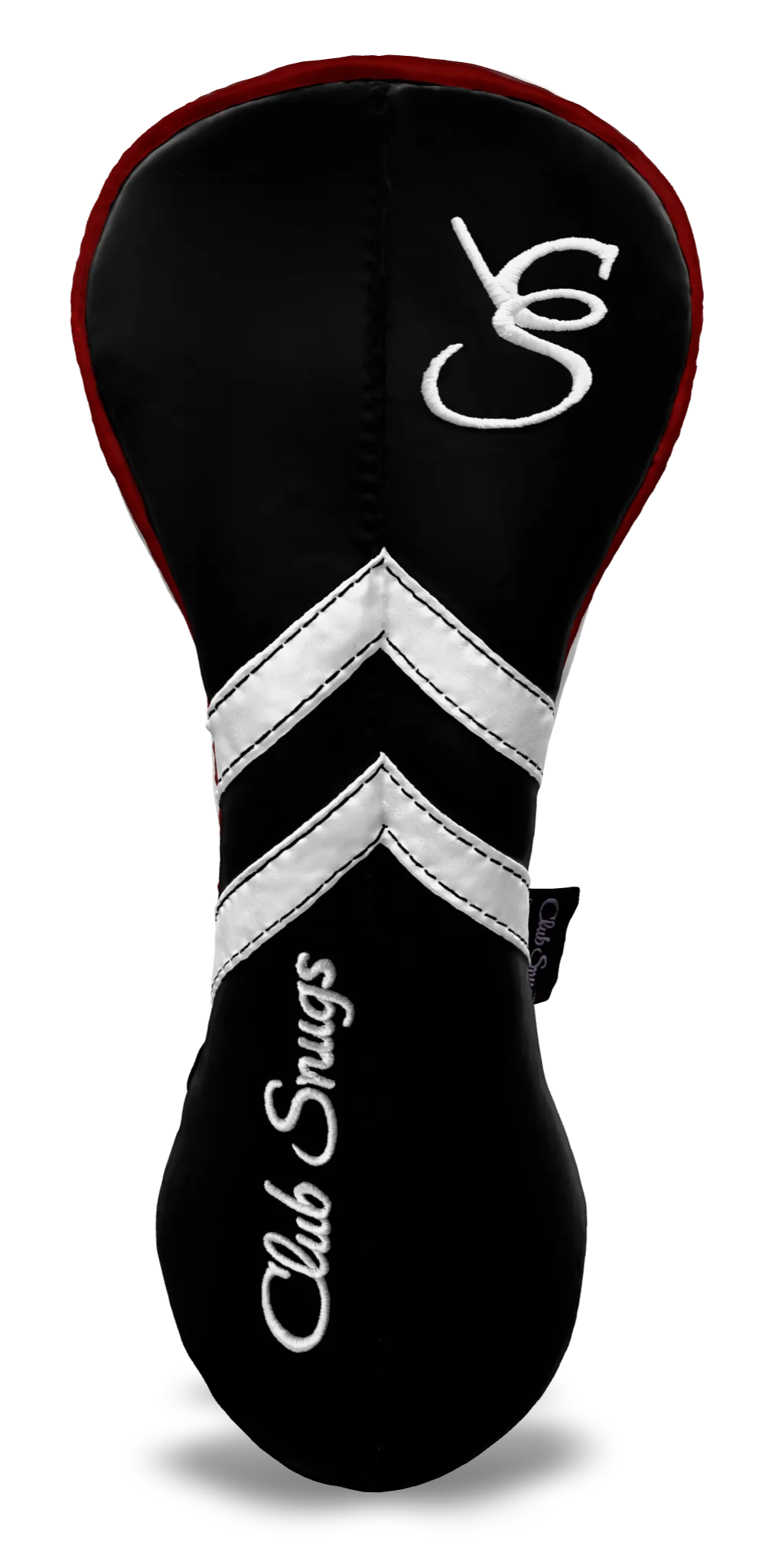 Front View view of a Black, Black, White, and Red Retro-T Driver Headcover with Dual-V stripe and split seam