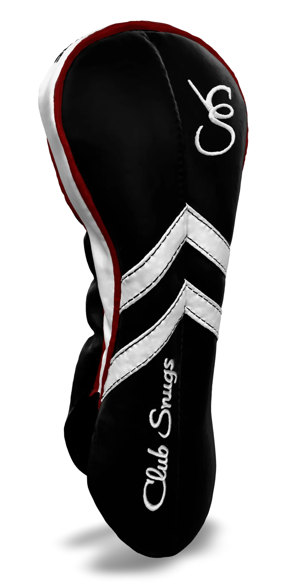 Left-Side view of a Black, Black, White, and Red Retro-T Driver Headcover with Dual-V stripe and split seam