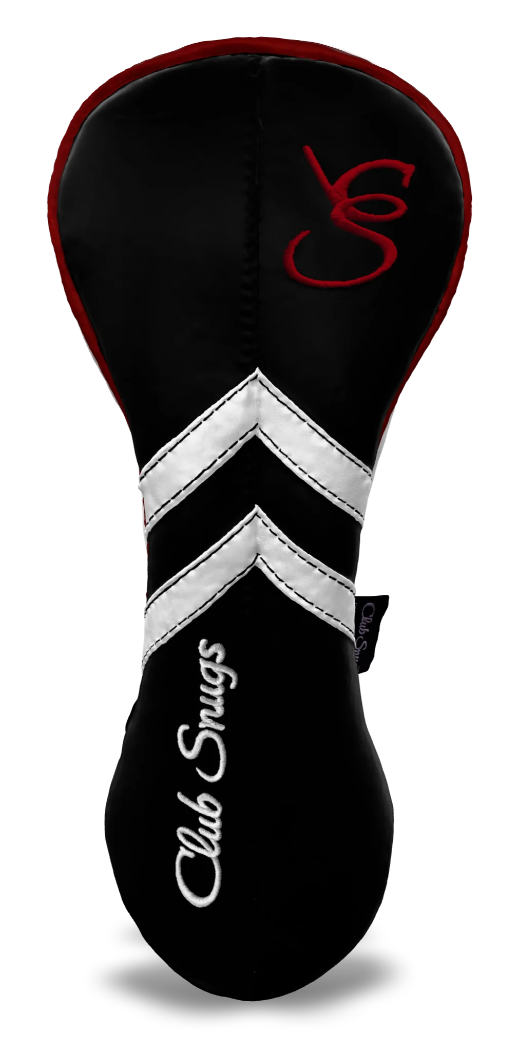 Front View view of a Black, Black, White, and Red Retro-T Driver Headcover with Dual-V stripe and split seam